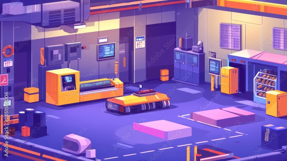 Poster futuristic factory interior: automated production line and robotics
