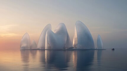 Floating Transparent Architectural Complex at Sunrise