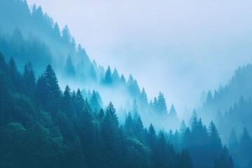atmospheric minimalist scene with dense fog enveloping forest at dawn capturing ethereal beauty of nature