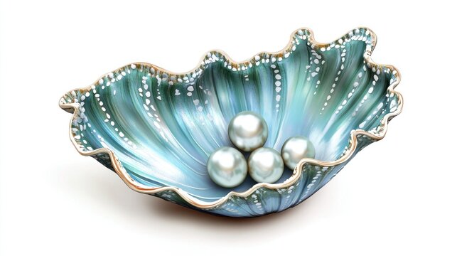 Teal seashell bowl, pearls nestled inside