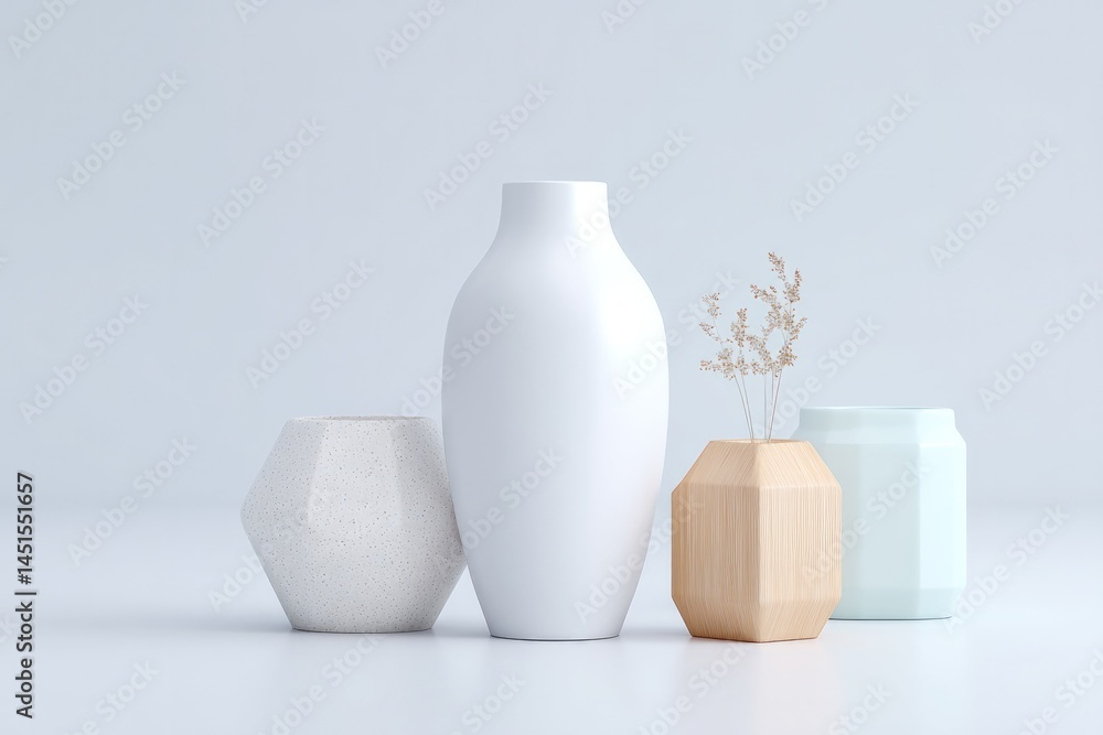 Poster capture minimalistic 3d home decor setting featuring variety of geometric objects displayed on sleek