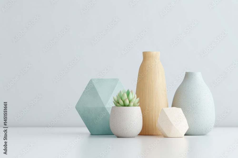 Poster capture minimalistic 3d home decor setting featuring variety of geometric objects displayed on sleek