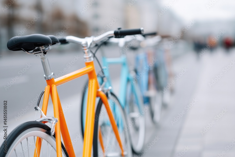 Poster capture minimalistic scene of row of different modern bicycles parked neatly on urban sidewalk under