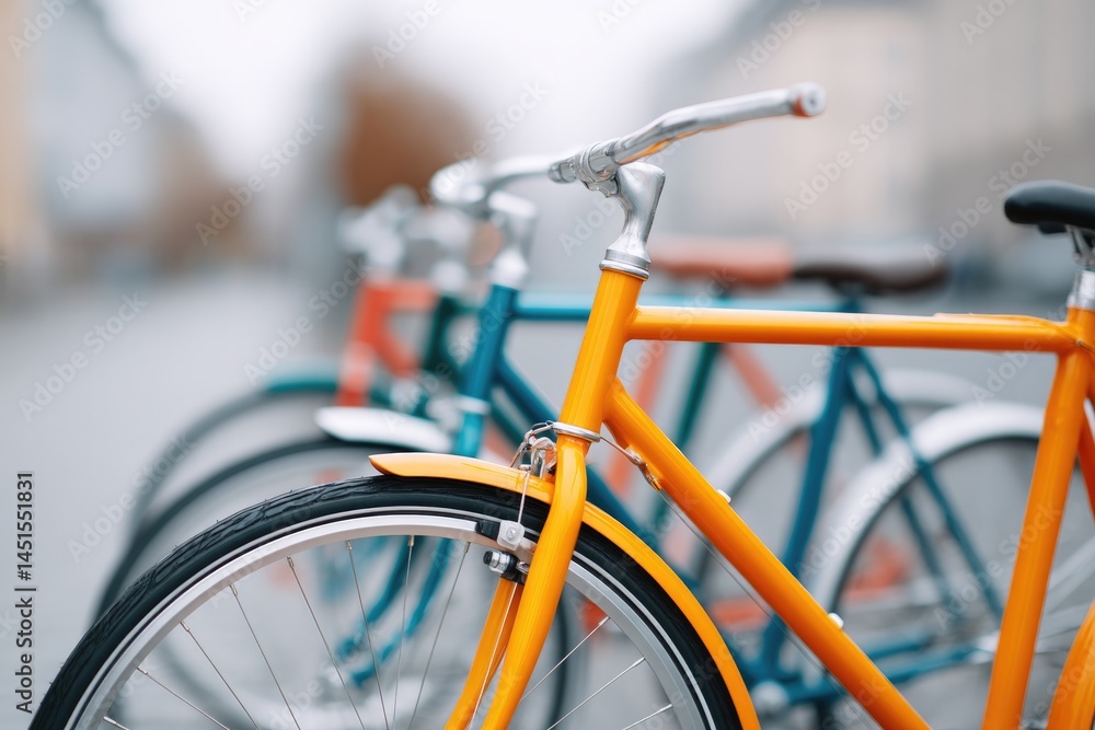 Poster capture minimalistic scene of row of different modern bicycles parked neatly on urban sidewalk under