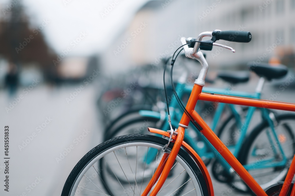 Poster capture minimalistic scene of row of different modern bicycles parked neatly on urban sidewalk under