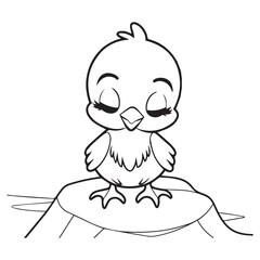 Cartoon chick with closed eyes standing on a leaf outline drawing art vector illustration