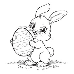 Cartoon easter bunny holding a decorated egg in a black and white drawing vector illustration
