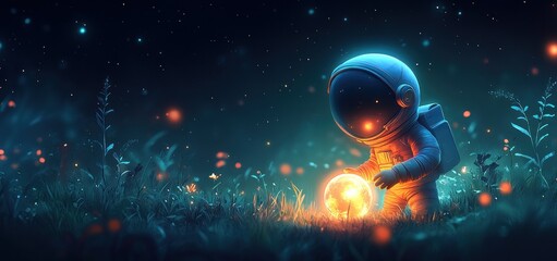 Astronaut's Nighttime Discovery: A Glowing Orb in a Mystical Field