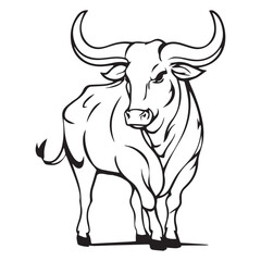 Illustration of a strong bull with large horns in black and white line art vector illustration


