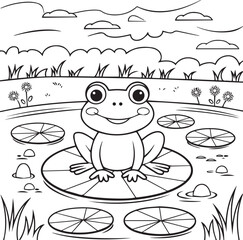   Cheerful frog sitting on a lily pad in a pond coloring page design vector illustration


