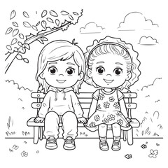 Two girls sitting on a bench under a tree in a black and white drawing vector illustration