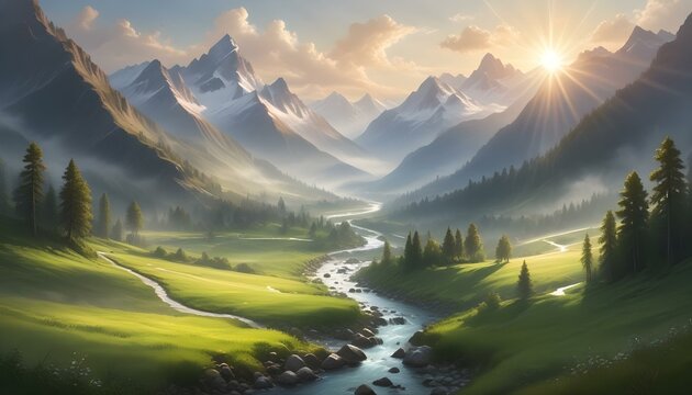 Stunning mountain valley landscape bathed in the golden light of a rising or setting sun.