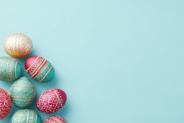 Fototapeta premium close-up of traditional holiday decorations arranged neatly against plain pastel backdrop