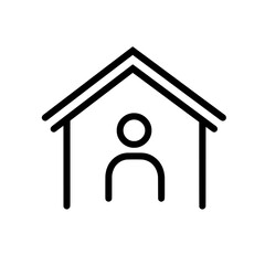Minimalist house icon with person figure inside representing home, shelter, or social housing concept in black and white