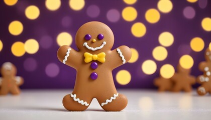 Fototapeta premium A happy gingerbread man smiling with a yellow bow tie on a purple bokeh background.