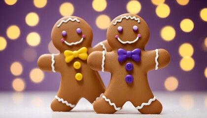 Fototapeta premium Two adorable gingerbread men with colorful bow ties stand together in front of lights during Christmas.