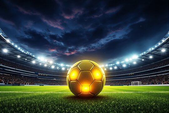 Glowing golden soccer ball on stadium field under dramatic night sky. - Powered by Adobe