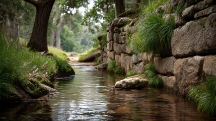 Naklejka premium Exploring Sustainable Agricultural Practices Along a Beautiful Stream in a Lush Forest Landscape