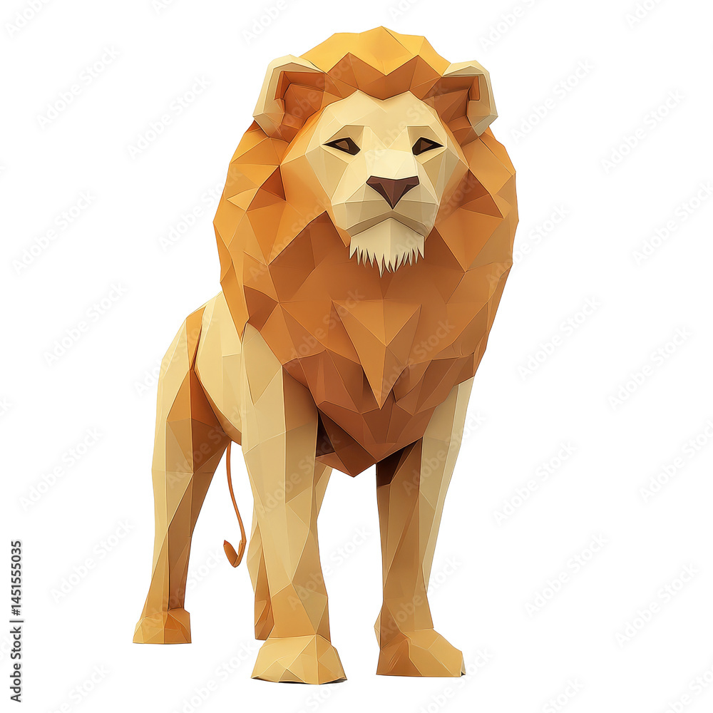 Poster discover the intricate design of the lion low poly papercraft collection in a clean studio setting, 