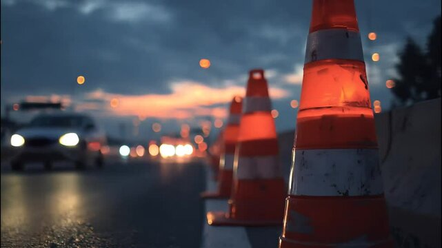 Orange construction cones along the road during sunset, where vehicles move in the blurry headlights.
