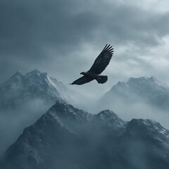 Fototapeta premium Soaring Above the Majestic Peaks: An Eagle's Journey Through a Cloudy Vista