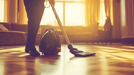Fototapeta premium Person vacuuming hardwood floor in sunlit home