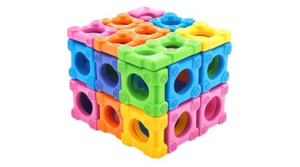 Colorful interlocking plastic building blocks forming a cube