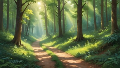 Obraz premium A sunlit path winds through a vibrant green forest, inviting exploration and peace.