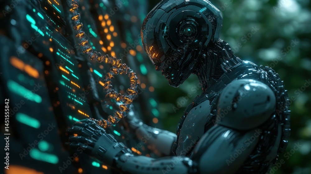 Poster cybernetic sentinel: a futuristic robot interacting with advanced technology in a lush green setting