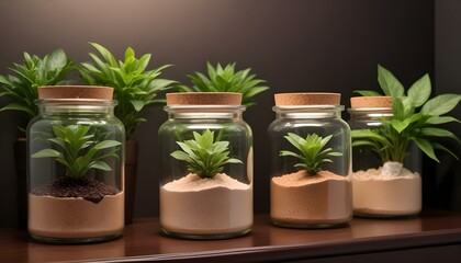 Fototapeta premium Beautiful terrarium setup with small plants flourishing in glass jars, offering a serene view.