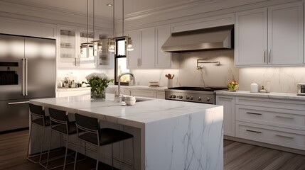 White high-end 3D kitchen with marble countertops, stainless steel appliances, and soft lighting
