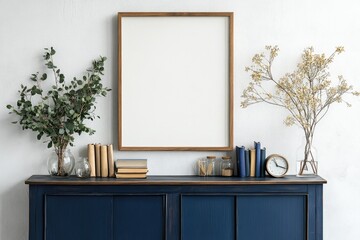 Empty frame on navy blue dresser, botanical decor