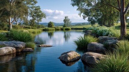 Fototapeta premium Exploring Sustainable Agriculture Practices through Integrated Pond Systems for Water Retention in Farm Landscapes