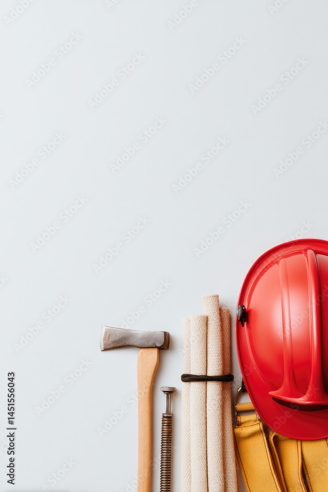 Poster minimalistic photo of firefighter equipment neatly arranged against plain background with ample copy