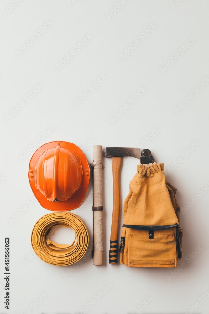 Poster minimalistic photo of firefighter equipment neatly arranged against plain background with ample copy