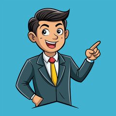 Business man pointing finger at something. Happy face. Hand drawn style vector design illustrations. 