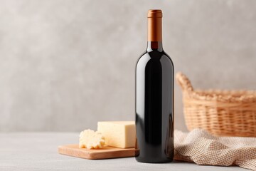 Naklejka premium minimalistic wine bottle standing elegantly next to gourmet cheese plate on wooden table ample copy space