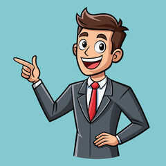 Business man pointing finger at something. Happy face. Hand drawn style vector design illustrations. 