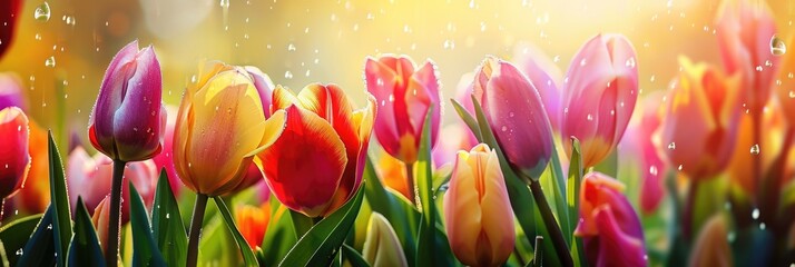 Vibrant tulips in the rain