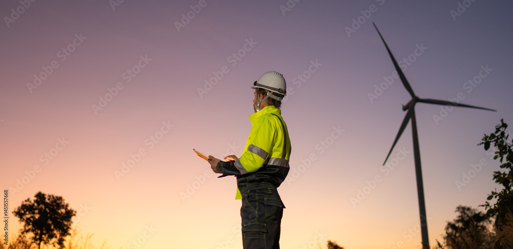 Poster engineer man working with tablet at windmill farm generating electricity clean energy. wind turbine 