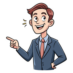 Business man pointing finger at something. Happy face. Hand drawn style vector design illustrations. 
