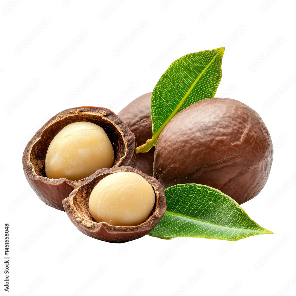Poster fresh macadamia nuts with green leaves isolated on a transparent background for culinary and health 