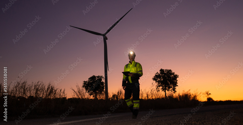Poster engineer man working with tablet at windmill farm generating electricity clean energy. wind turbine 