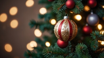 A close-up of a Christmas tree adorned with colorful ornaments, highlighting its festive charm.