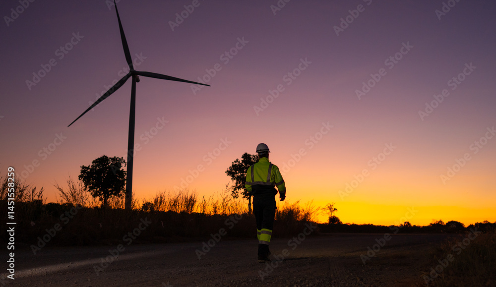 Poster engineer man working with tablet at windmill farm generating electricity clean energy. wind turbine 