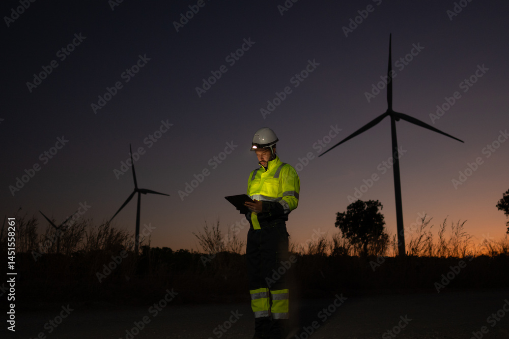 Poster engineer man working with tablet at windmill farm generating electricity clean energy. wind turbine 