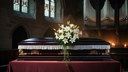 A wooden coffin adorned with flowers in a church setting during a funeral service