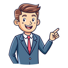 Business man pointing finger at something. Happy face. Hand drawn style vector design illustrations. 