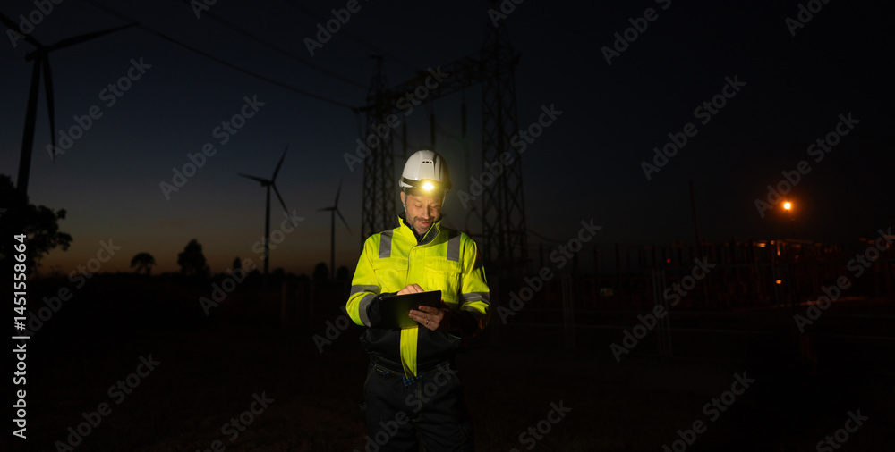 Poster Engineer man working with tablet at windmill farm Generating electricity clean energy. Wind turbine farm generator by alternative green energy.