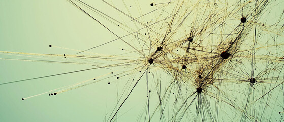 Abstract network: delicate lines converge on dark nodes against a pale green backdrop